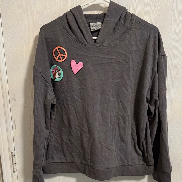 Buc-ees Women’s Medium Gray Peace Love Logo Hoodie Long Sleeve Lightweight Texas - Picture 1 of 10